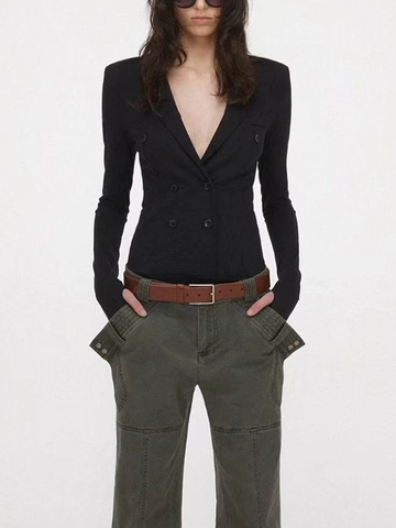 Damen Elegant Doppelreihiger Body Langarm V-Ausschnitt Slim Fit Schwarz Blazer Stil Body Mit Daumenlöchern Jumpsuit Top