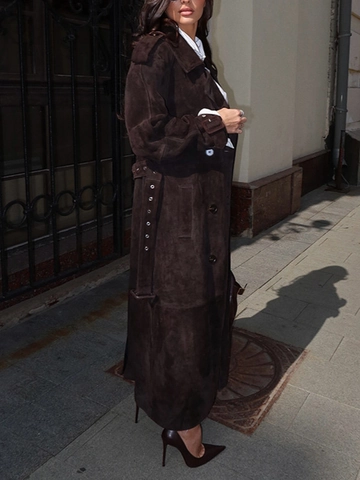 Women Faux Suede Long Trench Coat Double Breasted Belted Lapel Solid Windbreaker Winter Fashion Outerwear Jacket