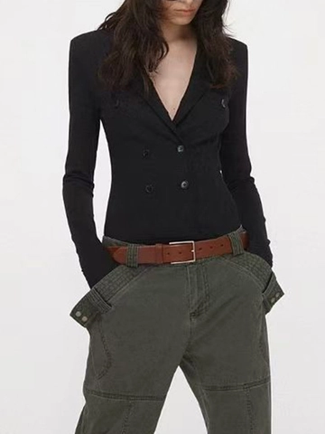 Damen Elegant Doppelreihiger Body Langarm V-Ausschnitt Slim Fit Schwarz Blazer Stil Body Mit Daumenlöchern Jumpsuit Top