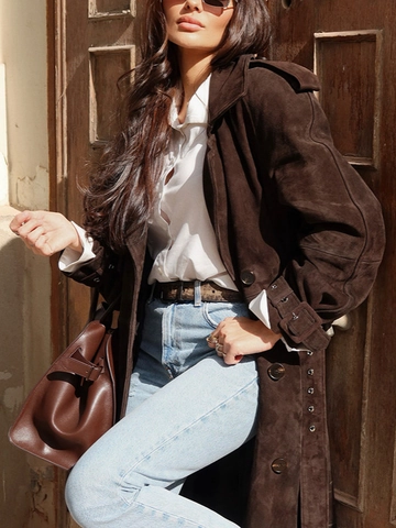 Women Faux Suede Long Trench Coat Double Breasted Belted Lapel Solid Windbreaker Winter Fashion Outerwear Jacket
