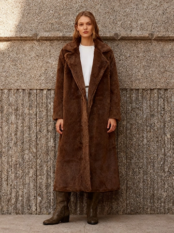 Luxuriöser Damen Kunstpelzmantel Lang Braun Winter Warm Revers Übermantel Elegant Minimalistisch Pendler Plüschjacke