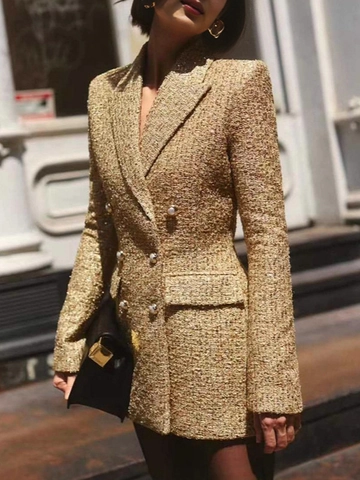 Franse Elegante Gouden Tweed Double Breasted Blazer Jurk Met Kunstparelknoppen Lange Mouwen Slim Fit Dames Jas