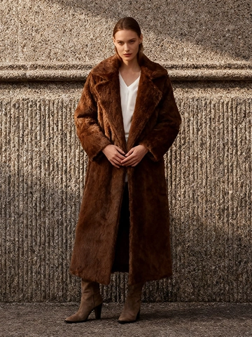 Luxuriöser Damen Kunstpelzmantel Lang Braun Winter Warm Revers Übermantel Elegant Minimalistisch Pendler Plüschjacke