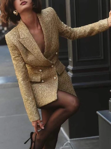Franse Elegante Gouden Tweed Double Breasted Blazer Jurk Met Kunstparelknoppen Lange Mouwen Slim Fit Dames Jas