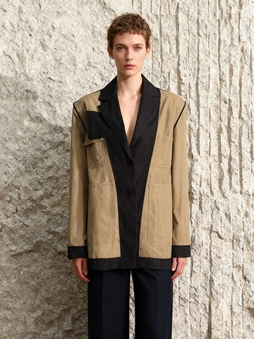 Blazer Patchwork da Donna a Contrasto Khaki Nero Oversize Pendolare Giacca con Revers e Tasche Moda Casual Capispalla
