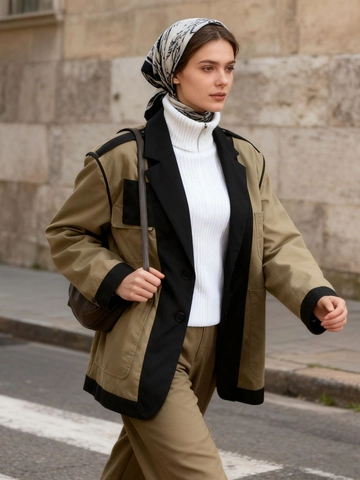 Blazer Patchwork da Donna a Contrasto Khaki Nero Oversize Pendolare Giacca con Revers e Tasche Moda Casual Capispalla