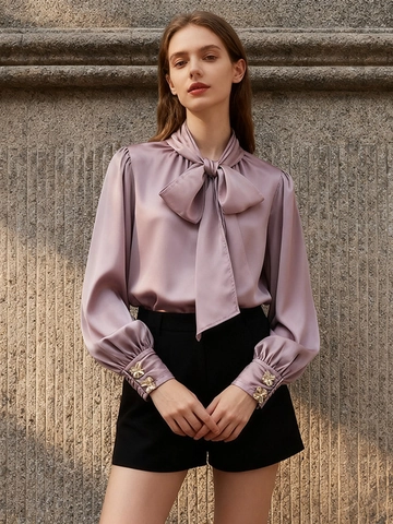 Elegante Camicetta in Raso con Fiocco Donna Stile Francese Lavanda Viola Manica Lunga con Bottoni a Fiore Dorati Top Ufficio