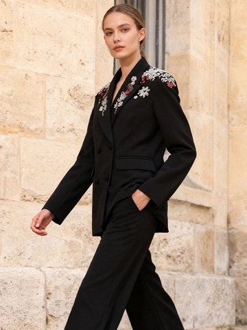 Dames Luxe Geborduurde Strass Blazerjas Double-breasted Bloemen Kralen Slim Fit Woon-werkverkeer Formele Jas