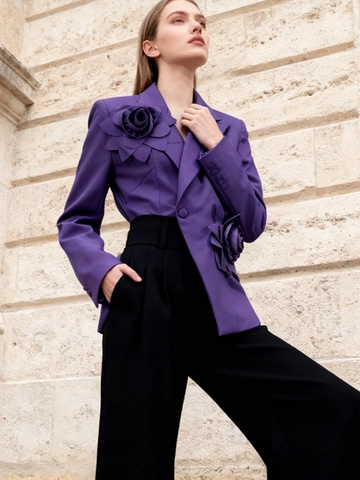 Damen Elegant Lila Blazer Jacke Mit 3D Rosenblüten Dekoration Asymmetrisches Reverskragen Langarm Büro Pendler Anzug