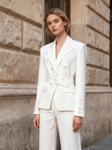 Women Casual Solid Color Double Breasted Slim Waist Blazer With Belt Long Sleeve Office Lady Work Suit Jacket Autumn Fashion Top