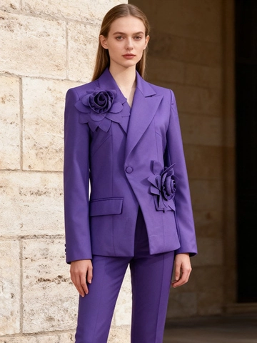 Damen Elegant Lila Blazer Jacke Mit 3D Rosenblüten Dekoration Asymmetrisches Reverskragen Langarm Büro Pendler Anzug