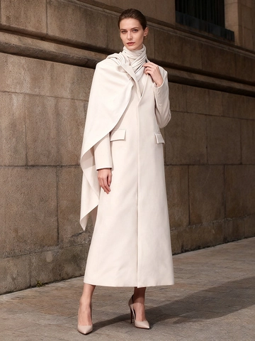 Women Elegant Intellectual Asymmetric Cape Trench Coat Minimalist Solid Color Long Polyester Jacket With Scarf Decor Outerwear