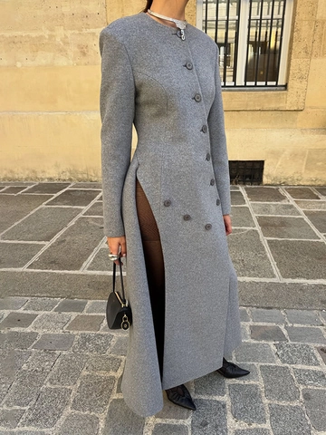 Cappotto Lungo in Misto Lana Grigio da Donna Design con Bottoni Asimmetrici Casual Elegante Trench per Autunno Inverno