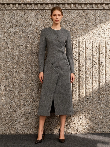 Cappotto Lungo in Misto Lana Grigio da Donna Design con Bottoni Asimmetrici Casual Elegante Trench per Autunno Inverno