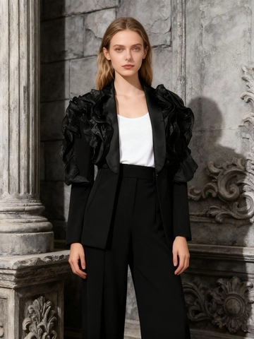 Elegante Damen Schwarz Anzugjacke Designer Rüschen Schulter Langarm Slim Fit Blazer Für Pendeln Formelle Party Mode