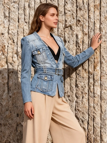 Damen Urban Temperament Jeansjacke Slim Fit Schößchensaum Blau Waschung Jacke Mit Gürtel Löwenkopfknöpfe Langarm Top