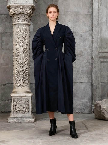 Women Elegant Navy Blue Trench Coat Double Breasted Puff Sleeve Long Windbreaker Jacket Fashion Autumn Outerwear