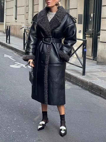 Damen Mode Kunstleder Langer Mantel Sherpa Besatz Mit Gürtel Windjacke Verdickt Warm Trenchcoat Herbst Winter Oberbekleidung