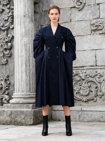 Women Elegant Navy Blue Trench Coat Double Breasted Puff Sleeve Long Windbreaker Jacket Fashion Autumn Outerwear