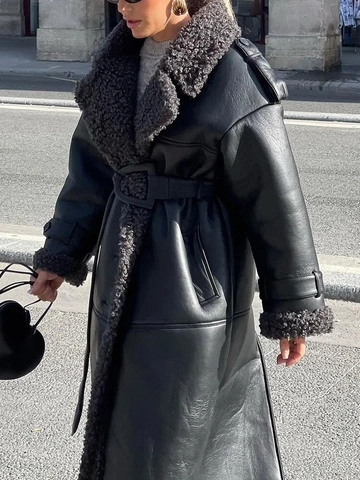 Damen Mode Kunstleder Langer Mantel Sherpa Besatz Mit Gürtel Windjacke Verdickt Warm Trenchcoat Herbst Winter Oberbekleidung