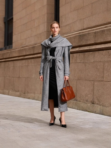 Französischer Vintage Damen Langer Trenchcoat Mit Schal Design Eleganter Fischgrätenmuster Schlanker Wolloptik Mantel Herbst