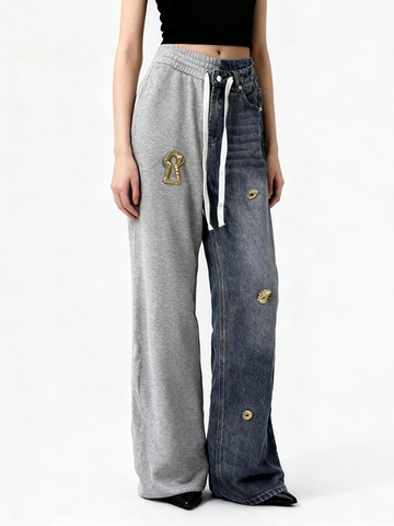 Pantaloni Donna Streetwear Jeans Patchwork Asimmetrici Denim Blu Jogging Grigio Vita Alta Gamba Larga Dritta