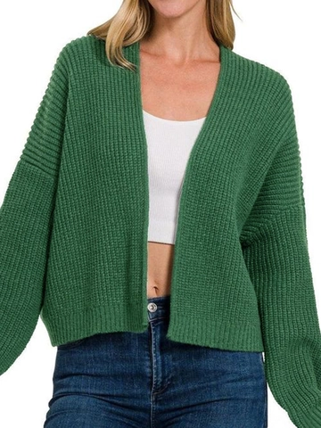 Women Casual V-Neck Chunky Knit Cardigan Drop Shoulder Long Sleeve Solid Color Crop Sweater Open Front Ribbed Knit Top