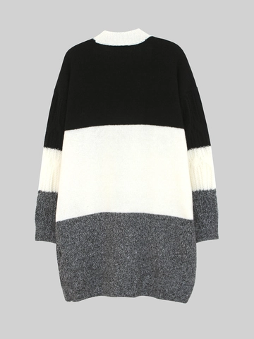 Gilet en Maille à Torsades pour Femmes Bloc de Couleur Col en V Ouvert sur le Devant Manches Longues Ample Tricot