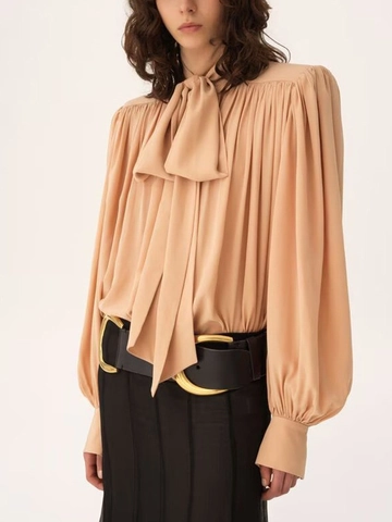 Elegant Women Pussy Bow Blouse Lantern Long Sleeve Pleated Solid Color Loose Satin Look Top Casual Office Shirt