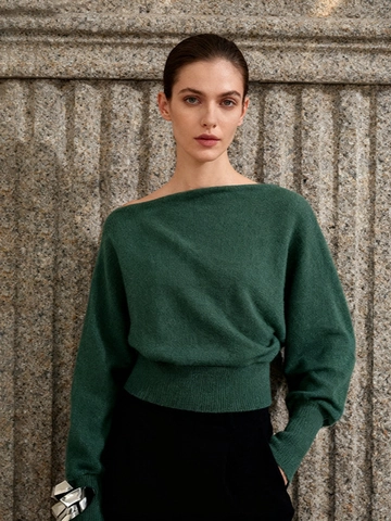 Women Elegant Off Shoulder Knit Sweater Lantern Sleeve Ribbed Hem Soft Solid Color Pullover Top Casual Spring Fashion