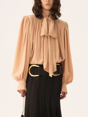 Elegant Women Pussy Bow Blouse Lantern Long Sleeve Pleated Solid Color Loose Satin Look Top Casual Office Shirt