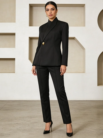 Elegante Conjunto De Blazer Y Pantalones Para Mujer Color Sólido Diseño Asimétrico Botón Dorado Traje De Negocios Profesional Oficina Commute