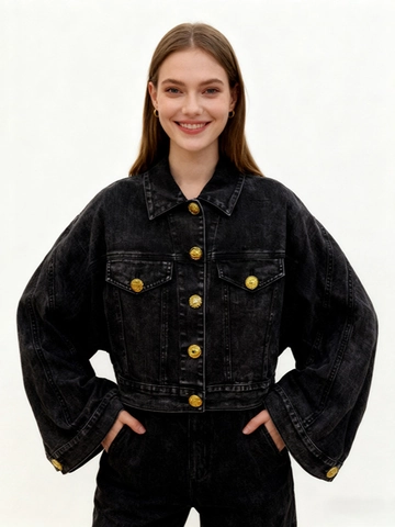 Damen Vintage Gewaschene Graue Denim Jacke Cropped Oversized Laternenärmel Revers Mantel Mit Goldene Löwen Knöpfe Frühling Casual Jeansjacke