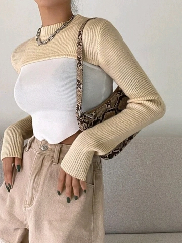 Women Casual Ribbed Knit Cropped Bolero Sweater Crew Neck Long Sleeve Pullover Shrug Solid Color Polyester Knitwear