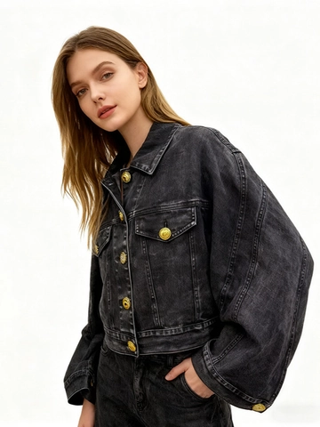 Damen Vintage Gewaschene Graue Denim Jacke Cropped Oversized Laternenärmel Revers Mantel Mit Goldene Löwen Knöpfe Frühling Casual Jeansjacke