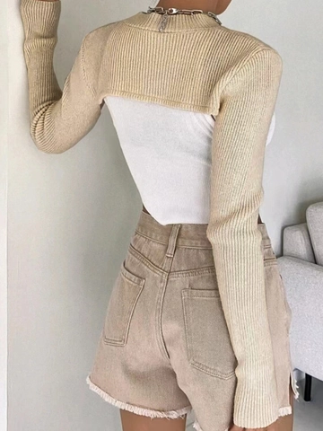 Women Casual Ribbed Knit Cropped Bolero Sweater Crew Neck Long Sleeve Pullover Shrug Solid Color Polyester Knitwear