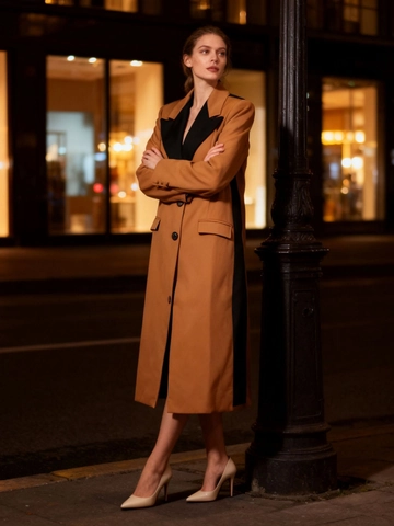 Mujer Elegante Bloque de Color Largo Blazer Abrigo Contraste Solapa Patchwork Botonadura Sencilla Oficina Conmutador Chaqueta Traje