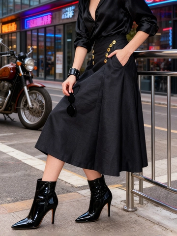 Eleganter Satin High Waist A-Linie Maxirock Mit Goldknöpfen V-Ausschnitt Einfarbig Gefalteter Langer Rock Für Damen