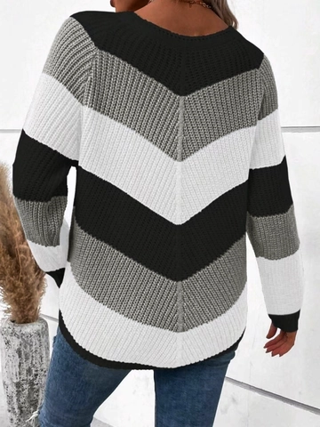 Pull en Tricot de Polyester Décontracté pour Femmes Motif Chevron Manches Longues Bloc de Couleur Col Rond