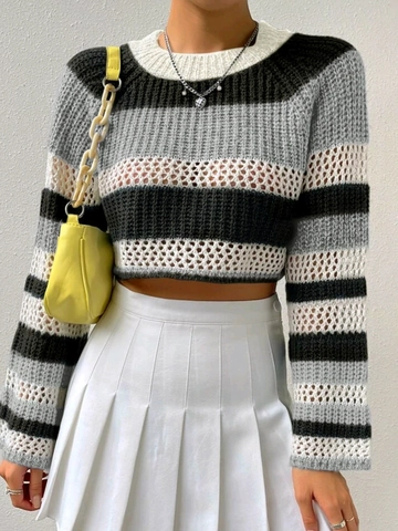 Women Striped Crop Top Knit Sweater Long Sleeve Hollow Out Round Neck Flare Sleeve Casual Color Block Pullover Top