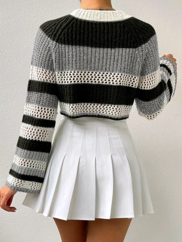 Women Striped Crop Top Knit Sweater Long Sleeve Hollow Out Round Neck Flare Sleeve Casual Color Block Pullover Top