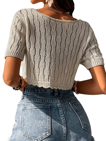 Cardigan da Donna Casual Traforato a Maglia Manica Corta Scollo a V Stringato Top Albicocca Boho Spiaggia