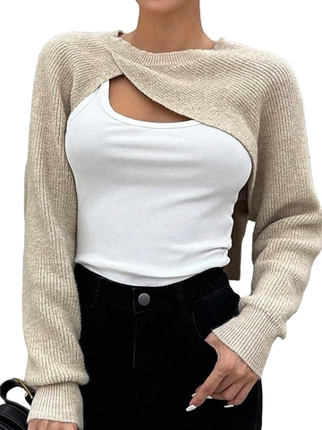 Damen Casual Polyester Strick Bolero Kurz Geschnitten Langarm Pullover Überkreuzt Rundhals Einfarbig Top Für Frühling Herbst