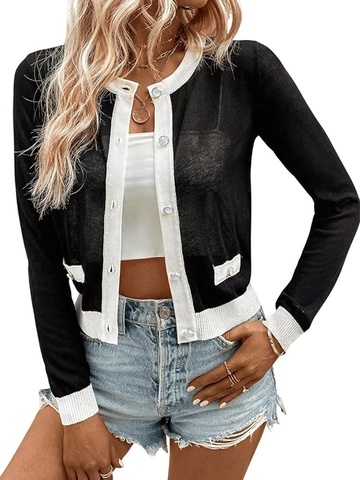 Cardigan in Maglia Casual da Donna a Blocchi di Colore Girocollo Manica Lunga Maglione con Bottoni Top alla Moda