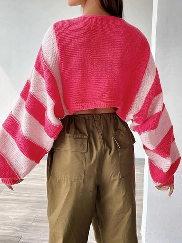 Dames Casual Gestreepte Gebreide Vest Lange Mouwen Losse Korte Open Voorzijde Trui Roze Wit Contrast Kleur Bovenkleding