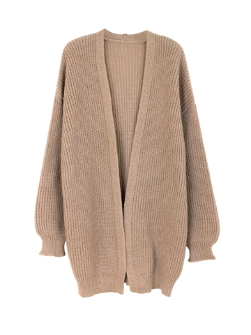 Cardigan in Maglia Grossa Casual da Donna Manica Lunga Aperto sul Davanti Maglione Khaki per Autunno Inverno