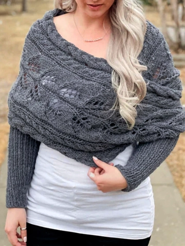 Damen Acryl Gestrickter Schal Cape Mit Ärmeln Hohlraum Wandelbar Warm Einfarbig Wrap Für Herbst Winter