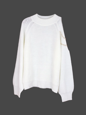 Suéter de Punto Casual para Mujer con Hombros Huecos y Cadena de Metal Dorado Cuello Redondo Manga Larga Color Sólido