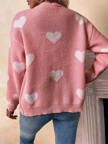 Women Casual Heart Pattern Knit Cardigan V Neck Long Sleeve Sweater Open Front Button Down Top For Valentine