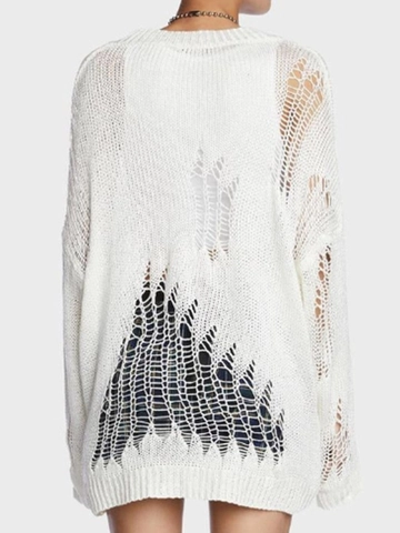 Suéter de Punto Blanco con Calados Distressed para Mujer Punk Streetwear Cuello Redondo Manga Larga Pullover Top